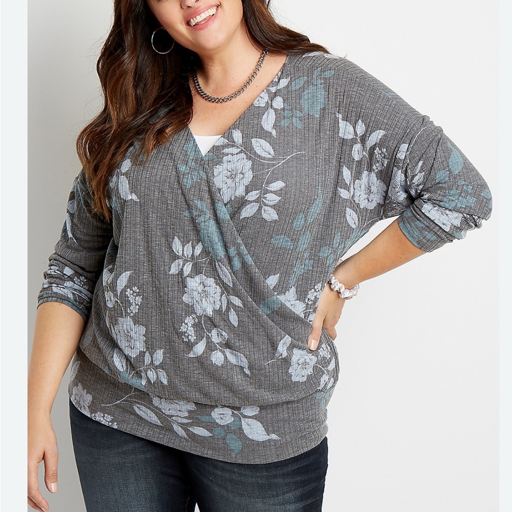 Maurices Floral Ribbed Wrap Top Size 2X